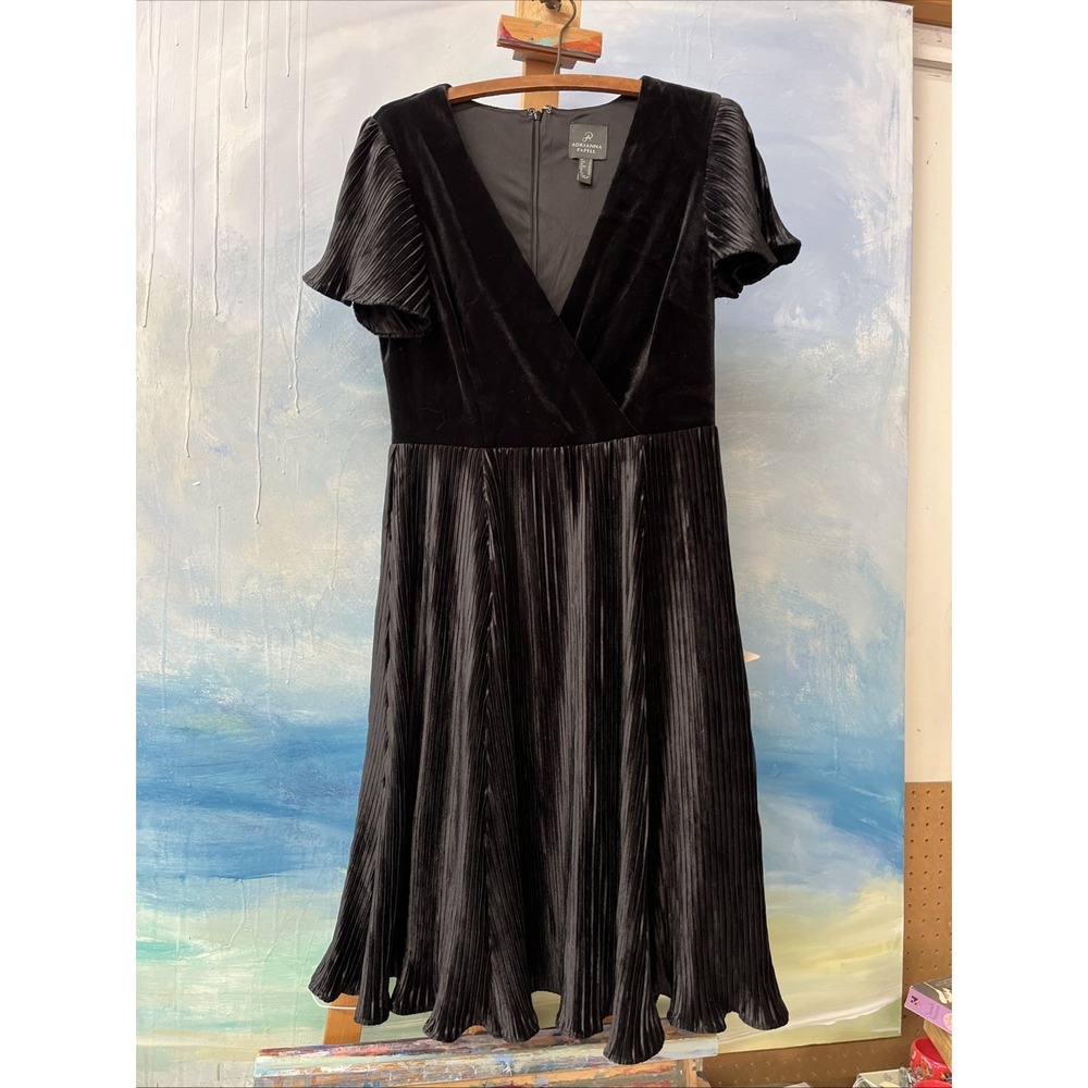 Adrianna Papell Womens Black Velvet Pleated Flutter-Sleeve Dress Size 6